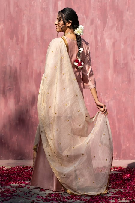 Shop Weaver Story Pink Chanderi Silk Lace, Gota Patti Scoop Sleeve Embroidered Kurta Sharara Set at Aza Fashions Shop_Weaver Story_Pink Chanderi Silk Lace, Gota Patti Scoop Sleeve Embroidered Kurta Sharara Set _at_Aza_Fashions