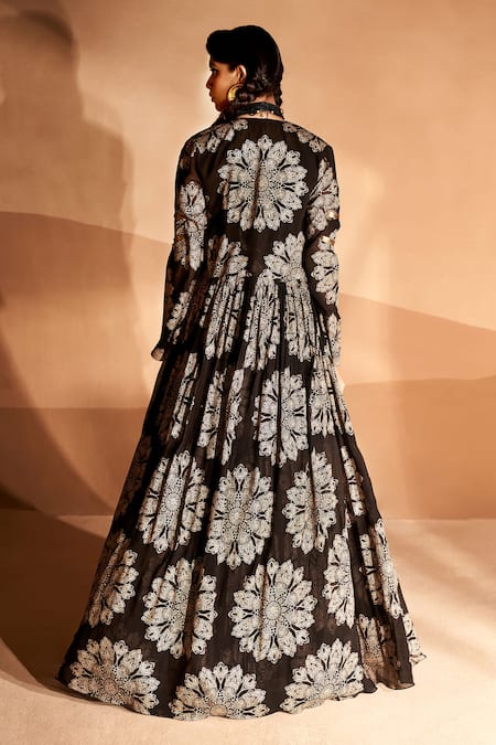 Shop Bhumika Sharma Black Georgette Zari, Pearls Round Neck Tara Print Jacket And Anarkali Set at Aza Fashions Shop_Bhumika Sharma_Black Georgette Zari, Pearls Round Neck Tara Print Jacket And Anarkali Set _at_Aza_Fashions