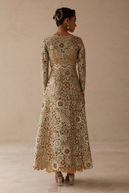 Varun Nidhika Banphool Metallic Embroidered Jacket With Ruffle Gown 