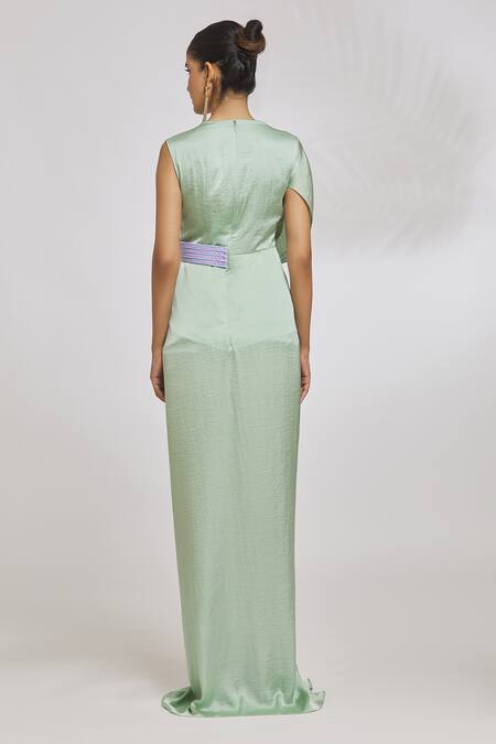 Shop_Amit Aggarwal_Green Hammered Satin Embroidery Cord Round Knotted Draped Gown  _at_Aza_Fashions