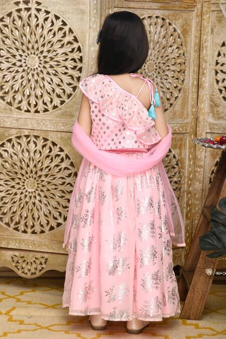 Shop Saka Designs Pink Silk, Cotton, Net Frilled Blouse Lehenga Set at Aza Fashions Shop_Saka Designs_Pink Silk, Cotton, Net Frilled Blouse Lehenga Set_at_Aza_Fashions