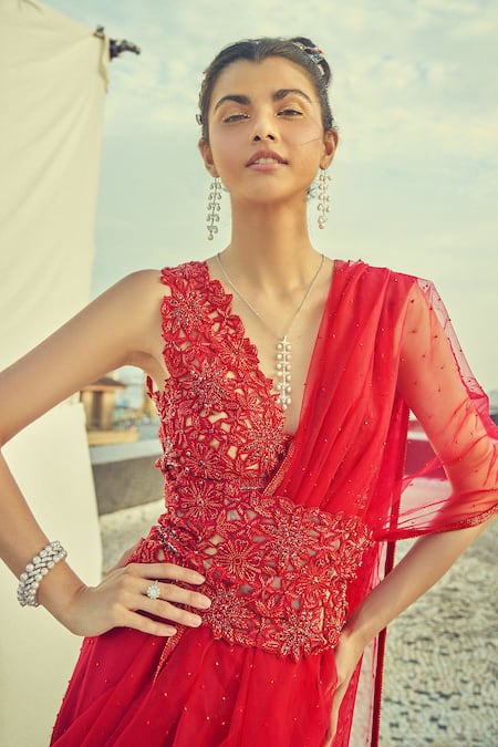 Surily G Floral Cutwork Pre-Draped Saree 