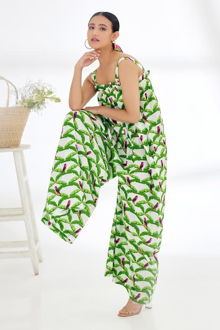 Nikasha Hand Painted Parakeet Print Jumpsuit 