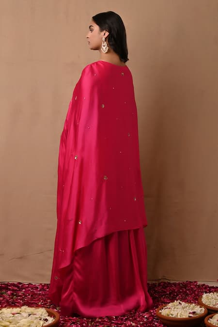 Shop_Label Nitisha_Pink Satin, Organza Sequins Round Neck Embroidered Yoke Cape Gown _at_Aza_Fashions