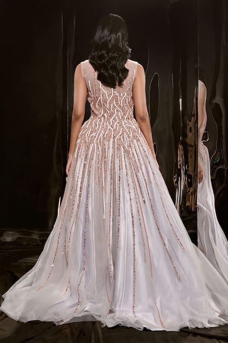 Shop Masumi Mewawalla Blue Net, Linen Sequins Round Neck Cutdana And Embroidered Gown at Aza Fashions Shop_Masumi Mewawalla_Blue Net, Linen Sequins Round Neck Cutdana And Embroidered Gown _at_Aza_Fashions