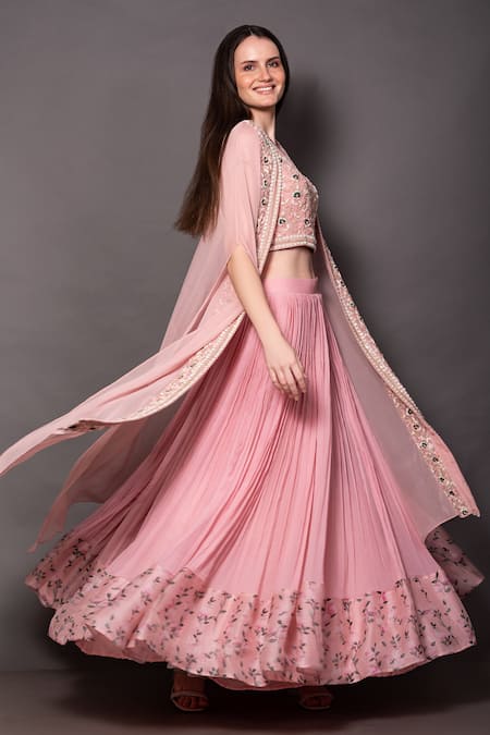 Shop Vara By Vibha N Priti Pink Chiffon, Georgette Embroidery Round Pleated Lehenga Placement Floral Cape at Aza Fashions Shop_Vara By Vibha N Priti_Pink Chiffon, Georgette Embroidery Round Pleated Lehenga Placement Floral Cape _at_Aza_Fashions