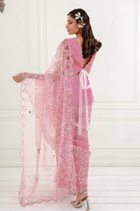 Shop_EK Soot_Pink Saree  Organza Printed Floral V Neck And Embroidered With Blouse  _at_Aza_Fashions