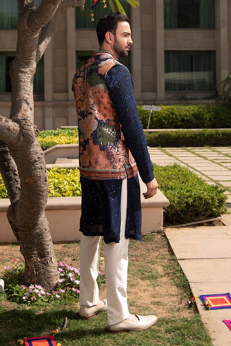 Shop_Soniya G_Blue Silk, Handloom Cotton Embroidery Abstract Print Bundi And Kurta Set _at_Aza_Fashions