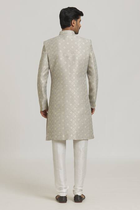 Shop Arihant Rai Sinha Grey Brocade, Silk Embroidery Woven Tonal Floral Pattern Sherwani With Pant at Aza Fashions Shop_Arihant Rai Sinha_Grey Brocade, Silk Embroidery Woven Tonal Floral Pattern Sherwani With Pant_at_Aza_Fashions