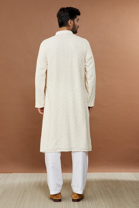 Shop Aham-Vayam Cream Cotton Sequins Mayur Embroidered Kurta And Pyjama Set at Aza Fashions Shop_Aham-Vayam_Cream Cotton Sequins Mayur Embroidered Kurta And Pyjama Set _at_Aza_Fashions