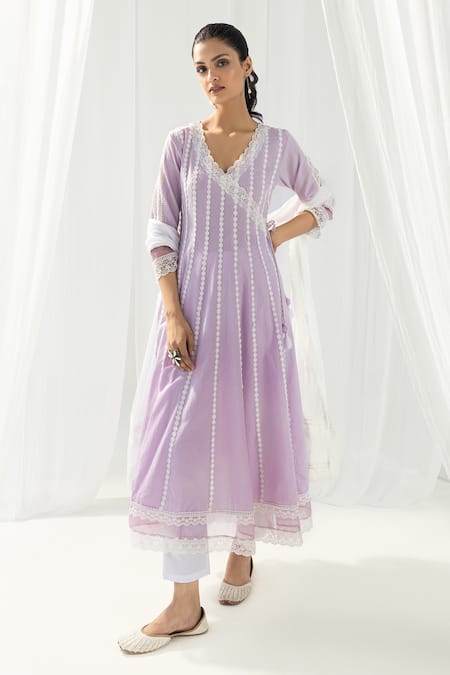 Shop Roze Purple Cotton, Chiffon Lace, Embroidery Scoop Neck Aria Embellished Angrakha Set at Aza Fashions Shop_Roze_Purple Cotton, Chiffon Lace, Embroidery Scoop Neck Aria Embellished Angrakha Set _at_Aza_Fashions