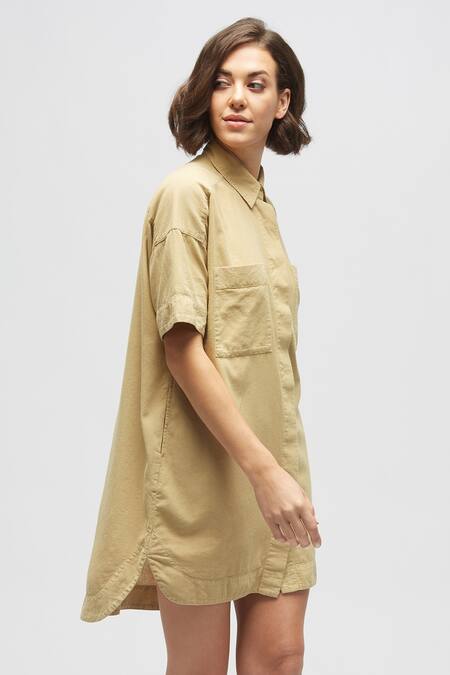 Shop Terra Luna Beige 100% Organic Handloom Cotton Collared Neck Solid Shirt Dress at Aza Fashions Shop_Terra Luna_Beige 100% Organic Handloom Cotton Collared Neck Solid Shirt Dress_at_Aza_Fashions