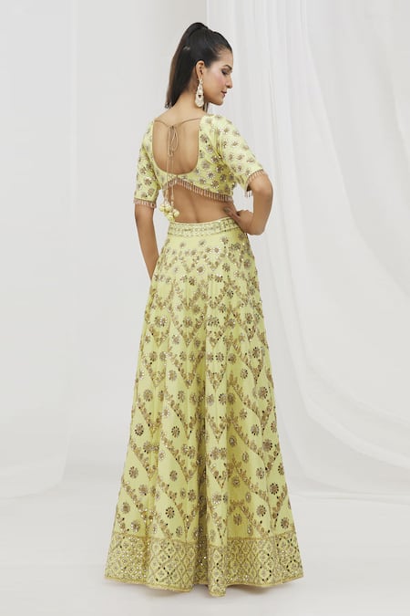 Shop Vandana Sethi Yellow Dupion, Silk Gota Patti, Mirrors Chevron Embellished Lehenga Set at Aza Fashions Shop_Vandana Sethi_Yellow Dupion, Silk Gota Patti, Mirrors Chevron Embellished Lehenga Set _at_Aza_Fashions