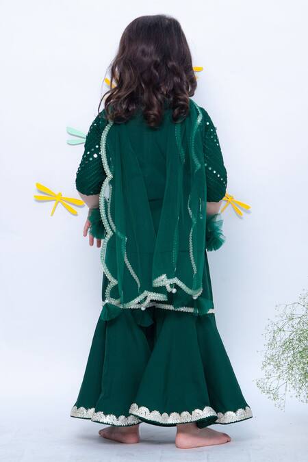 Shop_Fayon Kids_Green Net, Silk Pearls, Embroidery Mirror Work Kurta Sharara Set _at_Aza_Fashions