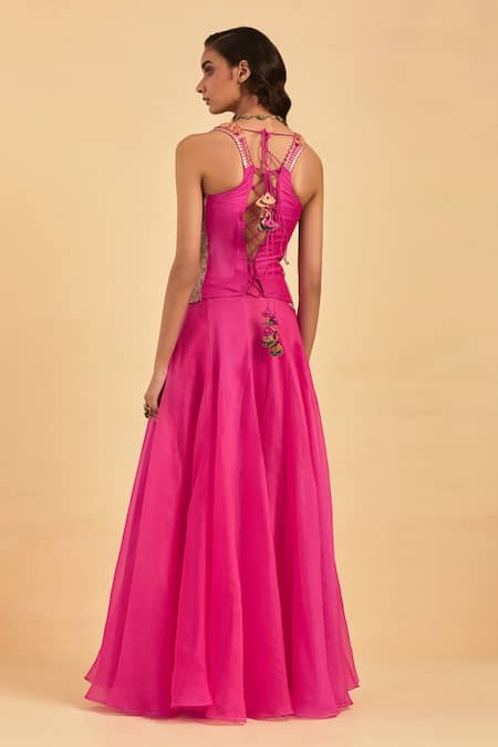 Shop_Aum By Asit And Ashima_Pink Silk Embroidery Floral V Neck Corset With Skirt _at_Aza_Fashions