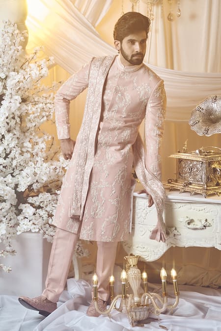 Shop Varun Chakkilam Pink Silk Sequins, Embroidery Metallic Wire Sherwani Set at Aza Fashions Shop_Varun Chakkilam_Pink Silk Sequins, Embroidery Metallic Wire Sherwani Set _at_Aza_Fashions