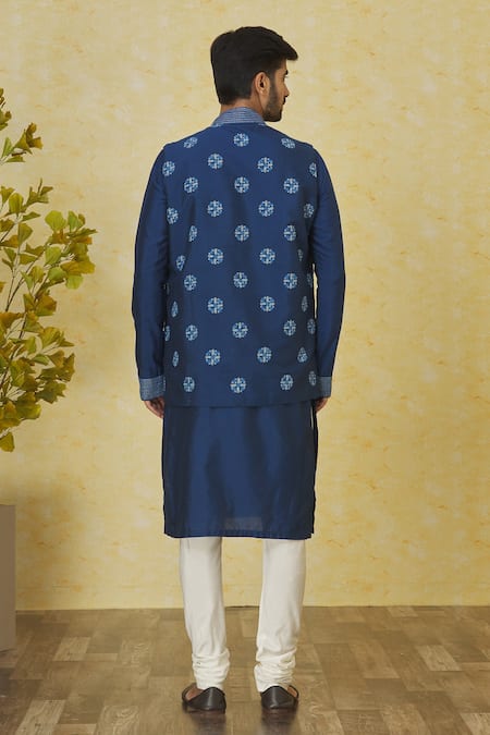 Shop Priyanka Haralalka Blue Kota Doria, Silk, Cotton Embroidery Kantha Stitch Bundi Kurta Set at Aza Fashions Shop_Priyanka Haralalka_Blue Kota Doria, Silk, Cotton Embroidery Kantha Stitch Bundi Kurta Set _at_Aza_Fashions