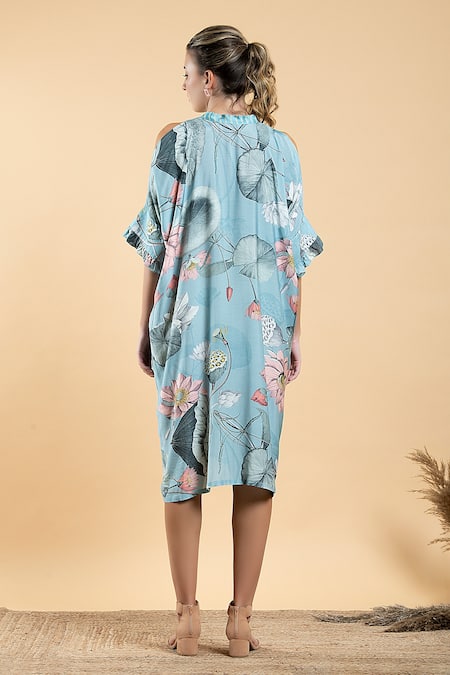 Shop Divi By Sonal Khandelwal Sky Blue Muslin, Viscose Lotus Print Tie-up Kaftan Dress at Aza Fashions Shop_Divi By Sonal Khandelwal_Sky Blue Muslin, Viscose Lotus Print Tie-up Kaftan Dress _at_Aza_Fashions