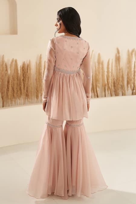 Shop Zoon Pink Crepe, , Organza Cut Work, Embroidered Short Anarkali Sharara Set at Aza Fashions Shop_Zoon_Pink Crepe, , Organza Cut Work, Embroidered Short Anarkali Sharara Set _at_Aza_Fashions