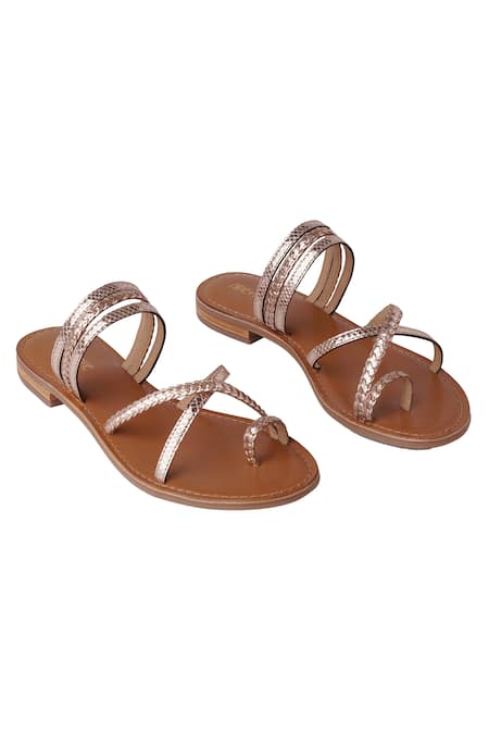 Shop_Nine By Janine_Gold Textured And Braided Pattern Esmeralda Leather Flats _at_Aza_Fashions