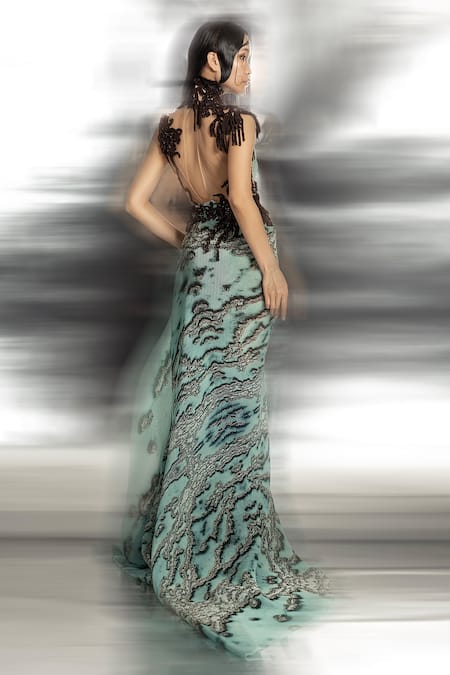 Shop_Abhishek Sharma_Green Poly Georgette Printed Reef Patterns High And Embellished Gown  _at_Aza_Fashions