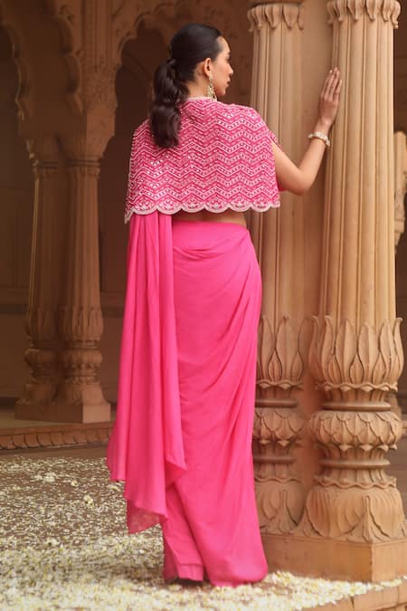 Shop Dheeru Taneja Pink Chiffon, Georgette Beads, Sukoon Pre-draped Saree Set With Embroidered Cape at Aza Fashions Shop_Dheeru Taneja_Pink Chiffon, Georgette Beads, Sukoon Pre-draped Saree Set With Embroidered Cape _at_Aza_Fashions