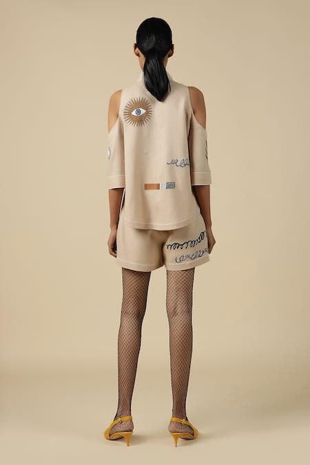 Shop Shahin Mannan Beige Linen Embroidery Shawl Geometric Shapes Cold Shoulder Shirt With Shorts at Aza Fashions Shop_Shahin Mannan_Beige Linen Embroidery Shawl Geometric Shapes Cold Shoulder Shirt With Shorts _at_Aza_Fashions