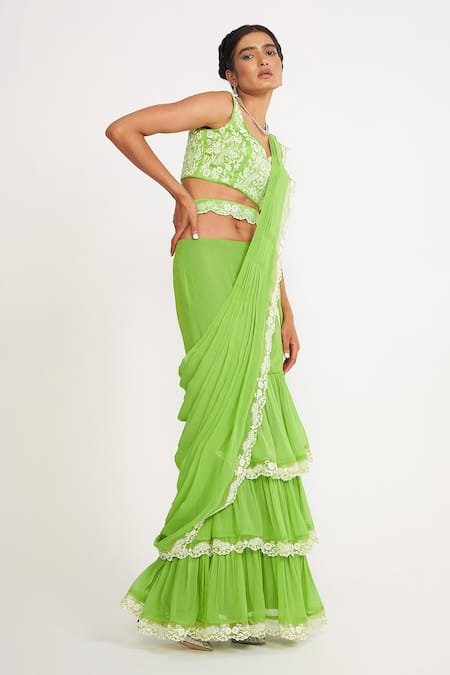 Shop Asaga Green Silk, Georgette, Linen Embroidery Lucy Pre-draped Tiered Saree Set at Aza Fashions Shop_Asaga_Green Silk, Georgette, Linen Embroidery Lucy Pre-draped Tiered Saree Set _at_Aza_Fashions