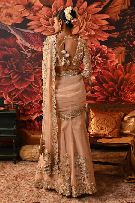 Shop Moledro Pink Silk Organza, Net, Brocade Reem Fish-cut Pre-draped Saree With Blouse at Aza Fashions Shop_Moledro_Pink Silk Organza, Net, Brocade Reem Fish-cut Pre-draped Saree With Blouse _at_Aza_Fashions