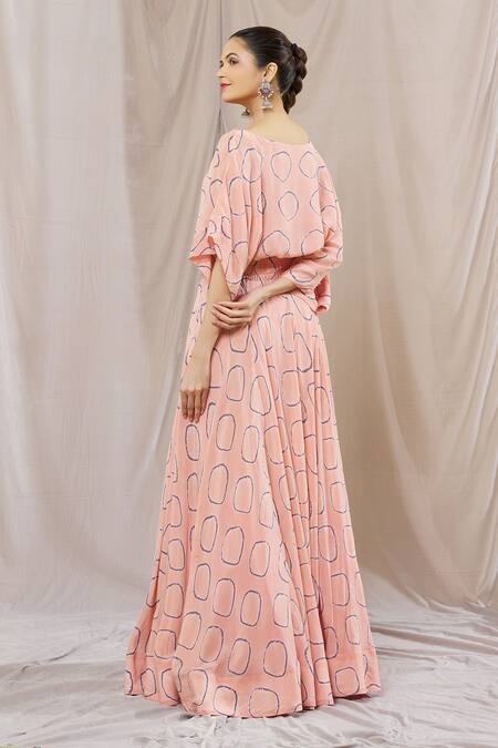 Shop Nupur Kanoi Pink Crepe Beads Round Neck Abstract Circle Print Lehenga And Top Set at Aza Fashions Shop_Nupur Kanoi_Pink Crepe Beads Round Neck Abstract Circle Print Lehenga And Top Set_at_Aza_Fashions