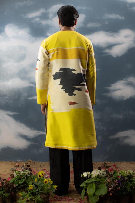 Shop_Saksham & Neharicka_Yellow Silk Embroidery Color Block Abstract Print Kurta _at_Aza_Fashions