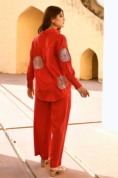 Shop Gulaal Red Cotton Zari, Sequins Collared Embroidered Shirt at Aza Fashions Shop_Gulaal_Red Cotton Zari, Sequins Collared Embroidered Shirt _at_Aza_Fashions