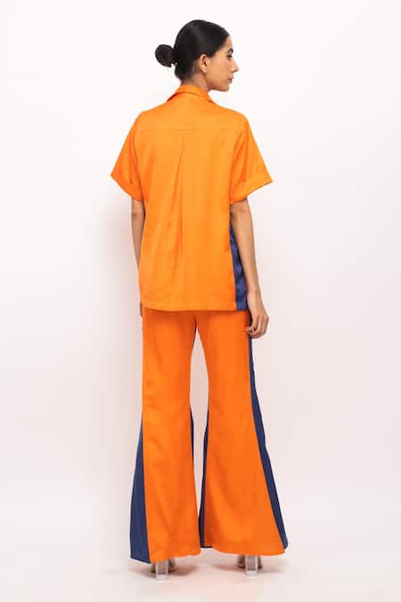 Shop Neora By Nehal Chopra Orange Silk Tassels Halter Neck, Collared Spread Shirt Pant Set at Aza Fashions Shop_Neora By Nehal Chopra_Orange Silk Tassels Halter Neck, Collared Spread Shirt Pant Set _at_Aza_Fashions