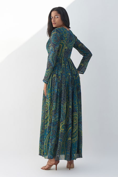 Shop Nadima Saqib Blue Georgette Mirrors Split V-neck Paisley And Mandala Print Maxi Dress at Aza Fashions Shop_Nadima Saqib_Blue Georgette Mirrors Split V-neck Paisley And Mandala Print Maxi Dress _at_Aza_Fashions
