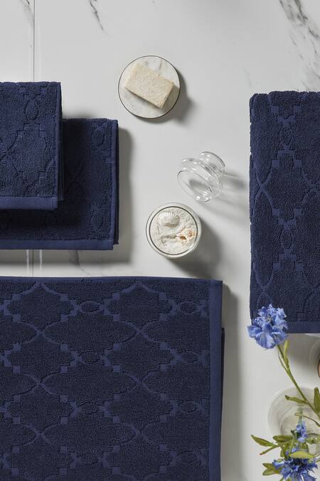 Shop Houmn Blue 100% Cotton Weaves Pattern Form Towel Set at Aza Fashions Shop_Houmn_Blue 100% Cotton Weaves Pattern Form Towel Set_at_Aza_Fashions