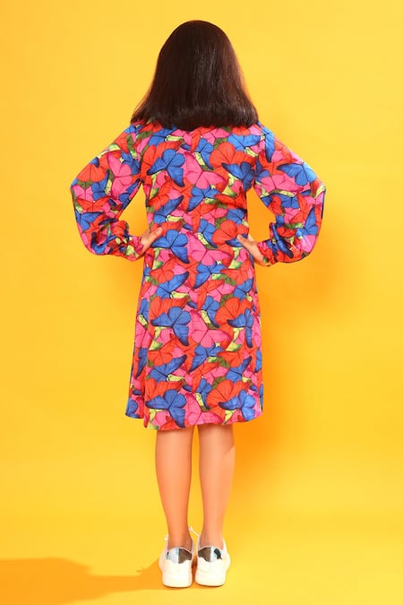 Shop Littlecheer Multi Color Viscose, Satin Butterfly Print Shirt Dress at Aza Fashions Shop_Littlecheer_Multi Color Viscose, Satin Butterfly Print Shirt Dress _at_Aza_Fashions