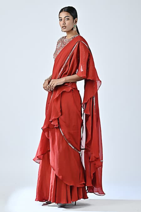 Shop_Sejal Kamdar_Red German Satin Printed And Hand Pre-draped Ruffle Saree With Blouse  _at_Aza_Fashions