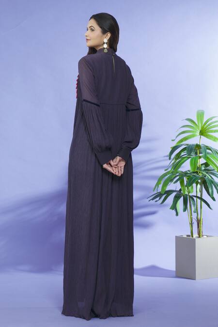 Shop Shruti Sancheti Purple Cotton Embroidery Floral High Neck Yoke Dress at Aza Fashions Shop_Shruti Sancheti_Purple Cotton Embroidery Floral High Neck Yoke Dress_at_Aza_Fashions