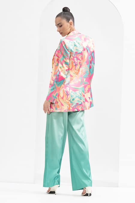 Mandira Wirk Resort_Multi Color Satin Embroidery Sweetheart Blurred Print Jacket And Ombre Pant Set _Online_at_Aza_Fashions
