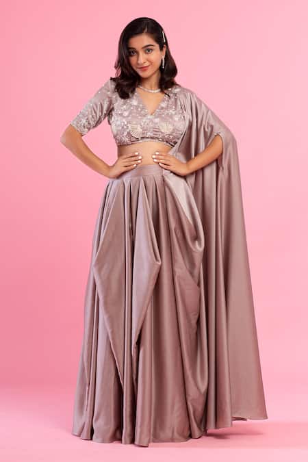 Shop PIRI INDIA Purple Silk, Satin Beads, Sequins, Pearls High Neck Milano Pre-draped Saree Set at Aza Fashions Shop_PIRI INDIA_Purple Silk, Satin Beads, Sequins, Pearls High Neck Milano Pre-draped Saree Set _at_Aza_Fashions