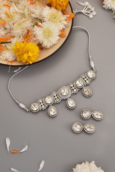 Shop_Swabhimann_Silver Plated Diamonds Polki Embellished Choker Set _at_Aza_Fashions