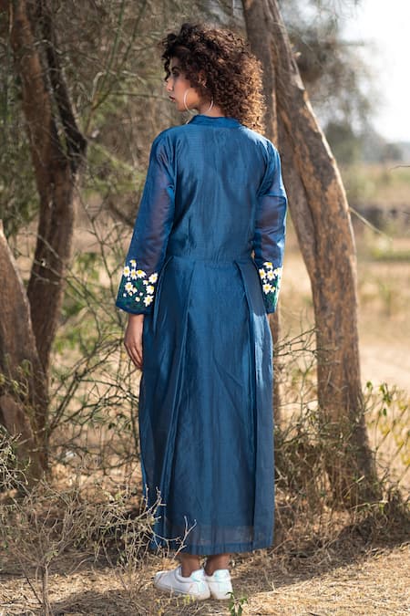 Shop_The Home Affair_Blue Chanderi Embroidery Bandeau Neck Pintucked Dress _at_Aza_Fashions