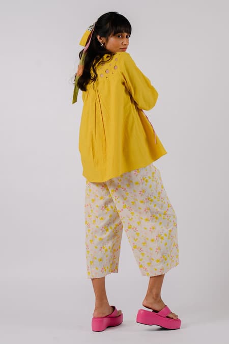Shop Tussah By Siddhi Shah Yellow , Handloom Cut Work Round Neck Shirt With Pant at Aza Fashions Shop_Tussah By Siddhi Shah_Yellow , Handloom Cut Work Round Neck Shirt With Pant _at_Aza_Fashions
