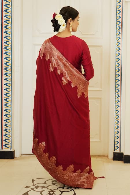 Shop Safaa Red Velvet Embroidery Round Neck The Ezzah Anarkali Set at Aza Fashions Shop_Safaa_Red Velvet Embroidery Round Neck The Ezzah Anarkali Set _at_Aza_Fashions