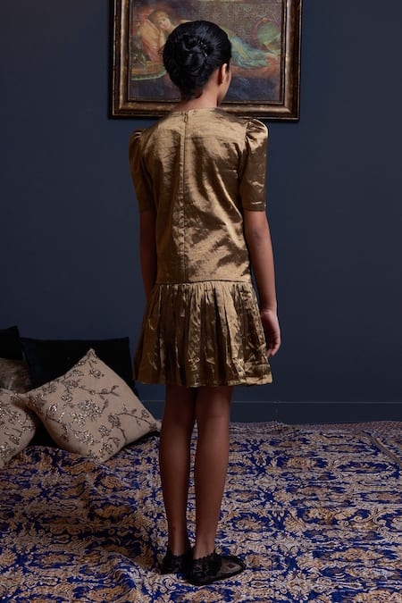 Shop Swati Golyan Gold Handloom Cotton, Lurex Embroidery Drop Down Waist Dress at Aza Fashions Shop_Swati Golyan_Gold Handloom Cotton, Lurex Embroidery Drop Down Waist Dress _at_Aza_Fashions