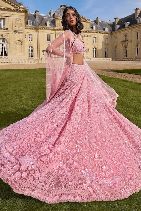 Shop Seema Gujral Pink Net Beads, Sequins Sweetheart Neck And Embroidered Bridal Lehenga Set at Aza Fashions Shop_Seema Gujral_Pink Net Beads, Sequins Sweetheart Neck And Embroidered Bridal Lehenga Set _at_Aza_Fashions