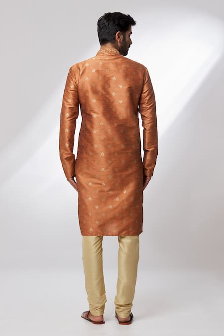 Shop Arihant Rai Sinha Orange Jacquard, Silk Zari, Embroidery Floral Pattern Woven Kurta at Aza Fashions Shop_Arihant Rai Sinha_Orange Jacquard, Silk Zari, Embroidery Floral Pattern Woven Kurta _at_Aza_Fashions