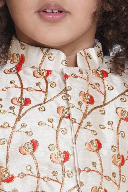 Little Bansi Cream Silk, Cotton Embroidery Floral Bundi Kurta Set at Aza Fashions Little Bansi_Cream Silk, Cotton Embroidery Floral Bundi Kurta Set _at_Aza_Fashions
