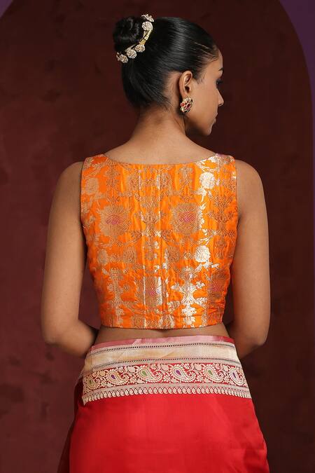 Shop Weaver Story Orange Silk Embroidery V-neck Handwoven Brocade Blouse at Aza Fashions Shop_Weaver Story_Orange Silk Embroidery V-neck Handwoven Brocade Blouse_at_Aza_Fashions