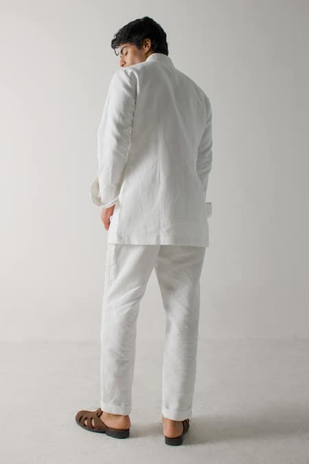 Shop Jatin Malik Ivory Cotton, Linen Pintucked Striped Shacket at Aza Fashions Shop_Jatin Malik_Ivory Cotton, Linen Pintucked Striped Shacket _at_Aza_Fashions